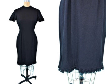 Vintage 1950s Black Wool Dress Fringe Hem Hourglass Pinup | W 28"