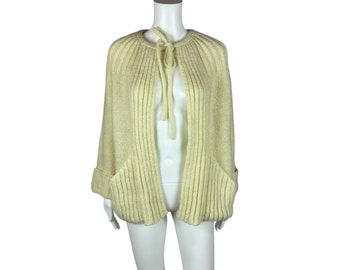 Vintage Open Cardigan Bow Neck Cream Ribbed Knit Sweater