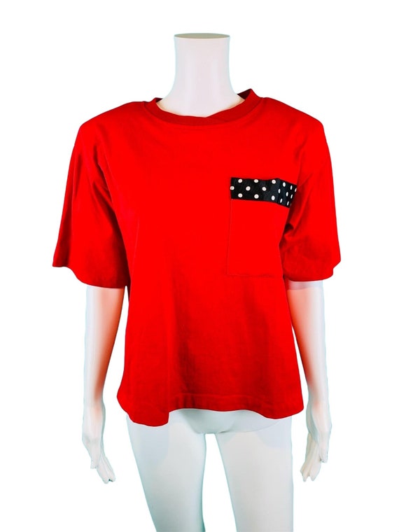 Vintage 1990s Red Cropped Tee Solid Cotton T-Shir… - image 2