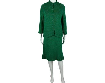 Vintage 60s Sweater Dress Women's Small Crochet Knit Green Gradient Cardigan Shift Outfit Set