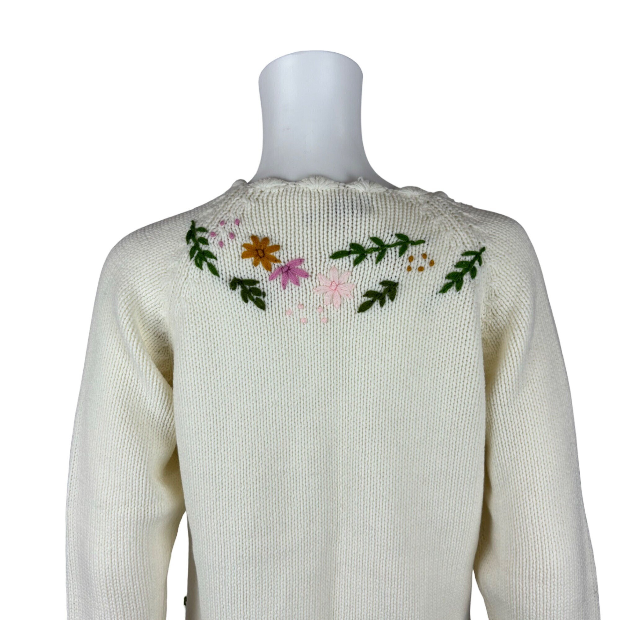 Vintage 60s Floral Cardigan Embroidered Cream Multi Color Acrylic