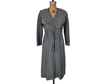 Vintage 70s Lurex Dress Womens Medium Silver Metallic Empire Waist Cocktail Sheath