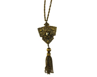 Vintage 70s Long Gold Fringe Necklace Filigree Dangling Pendant