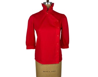 Vintage 80s Red Blouse Womens Small Asymmetrical Ruffle Mockneck Shirt