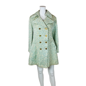 Vintage 60s Brocade Pea Coat Aqua Cream Polka Dot Dress Coat
