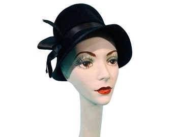 Vintage 1950s Bucket Hat Luxuria Black Satin Bow Tall Hat
