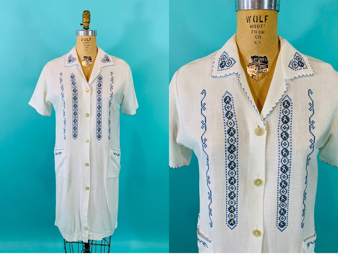 vintage white linen blue floral shirt dress Cuffed ,,, M/L main image 0