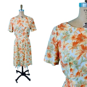 Vintage 1960s Sheath Dress Orange Floral Mid Century Pin Up | W 29&quot;