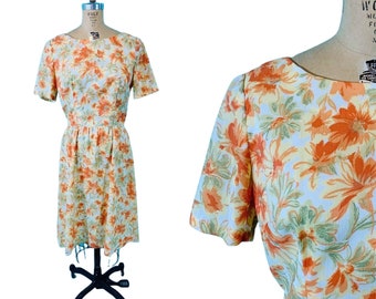 Vintage 1960s Sheath Dress Orange Floral Mid Century Pin Up | W 29"