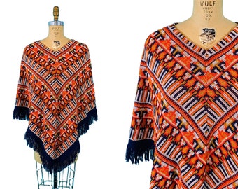 Vintage 1970er Jahre Strick Cape Boho Navy Ikat Poncho Pullover