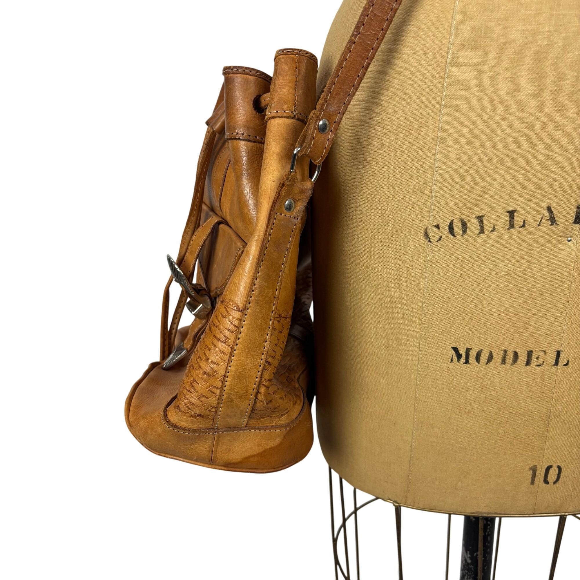 Vintage Leather Bucket Bag Tan Brown Western Buckle Boho 