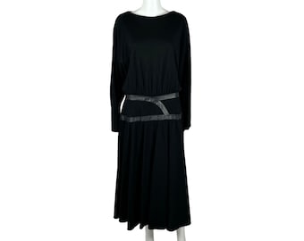 Vintage 80s Black Dress Women's Large Faux Leather Trim Waist Batwing Sleeves Boatneck