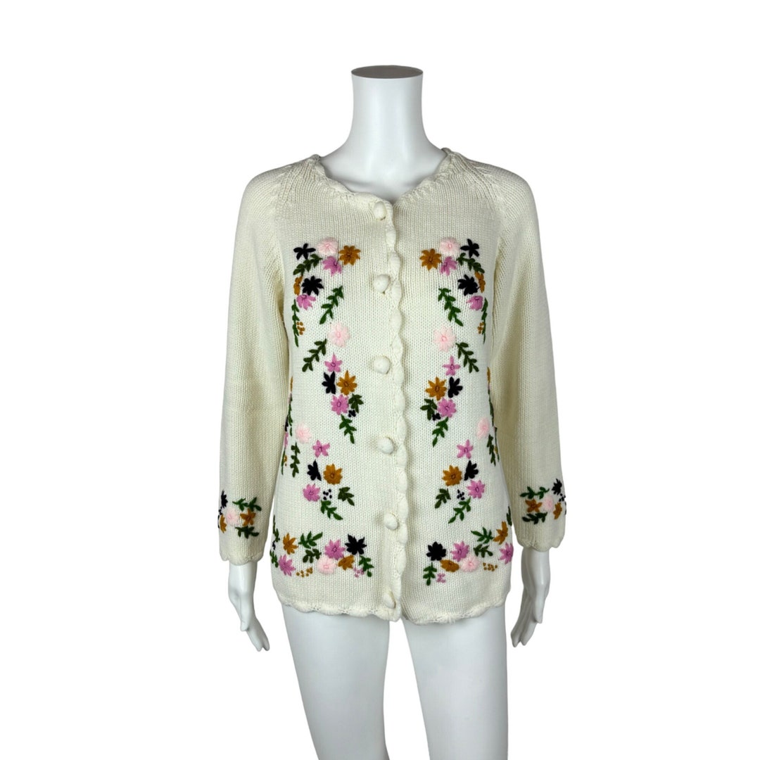 Vintage 60s Floral Cardigan Embroidered Cream Multi Color Acrylic