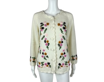 Vintage 60s Floral Cardigan Embroidered Cream Multi Color Acrylic Sweater