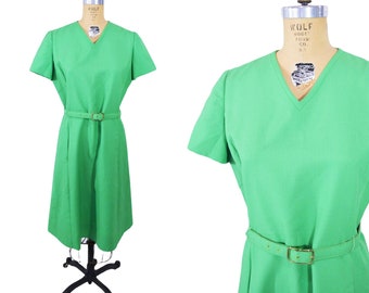 Vintage 1960s Solid Green Sheath Dress Belted | B 40"