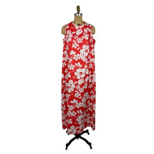 Vintage 70s Hawaiian Dress Womens Large Red Hibiscus Print Textured Shift Tiki