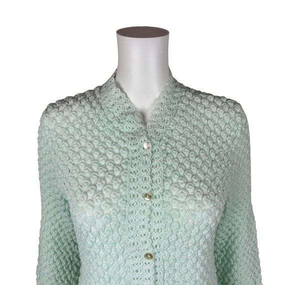 Vintage 60s Aqua Cardigan Bubble Knit Sheer Acryl… - image 2