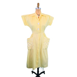 Vintage 40s Yellow Dress Womens XS Quilted Pocket Day Shirtdress