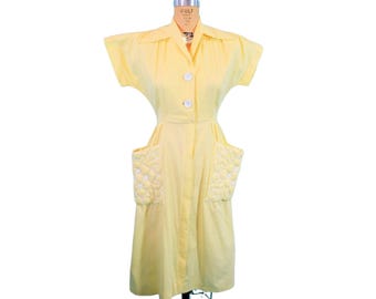 Vintage 40s Yellow Dress Womens XS Quilted Pocket Day Shirtdress