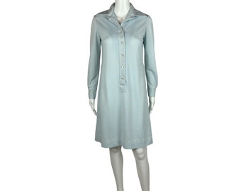 Vintage 70s Dotted Dress Women's Small Blue White Long Sleeve Polka Dot Shift