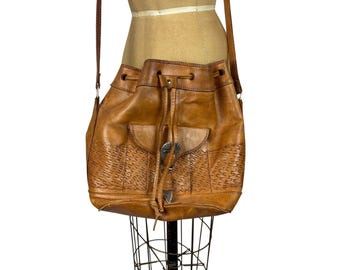 Vintage Leather Bucket Bag Tan Brown Western Buckle Boho 