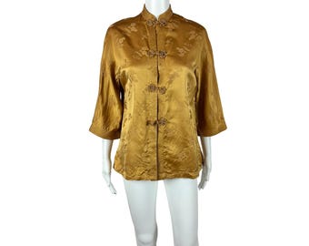 Vintage 70s Cheongsam Jacket Women's Small Gold Floral Jacquard Frog Closures Dynasty
