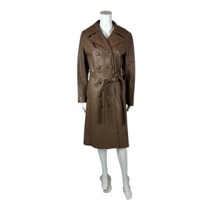 Vintage 70s Leather Trench Women&#39;s Extra Extra Small Brown Button Down Coat