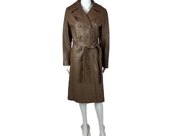Vintage leren trenchcoat uit de jaren 70, extra extra kleine bruine button-downjas voor dames