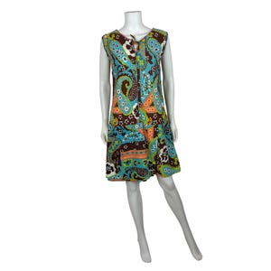 Vintage 70er Jahre Zip Up Strampler Damen M Baumwolle Paisley Blumen Print Lässig Playsuit Trippy Skort