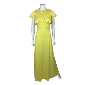 Vintage 70s Maxi Dress Set Womens XS Yellow Capelet Outfit Art Deco Style Gown