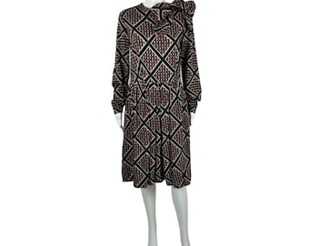 Vintage 70s Geometric Dress Women's Medium Prism Design Necktie Secretary Sheath Gavi Artsy
