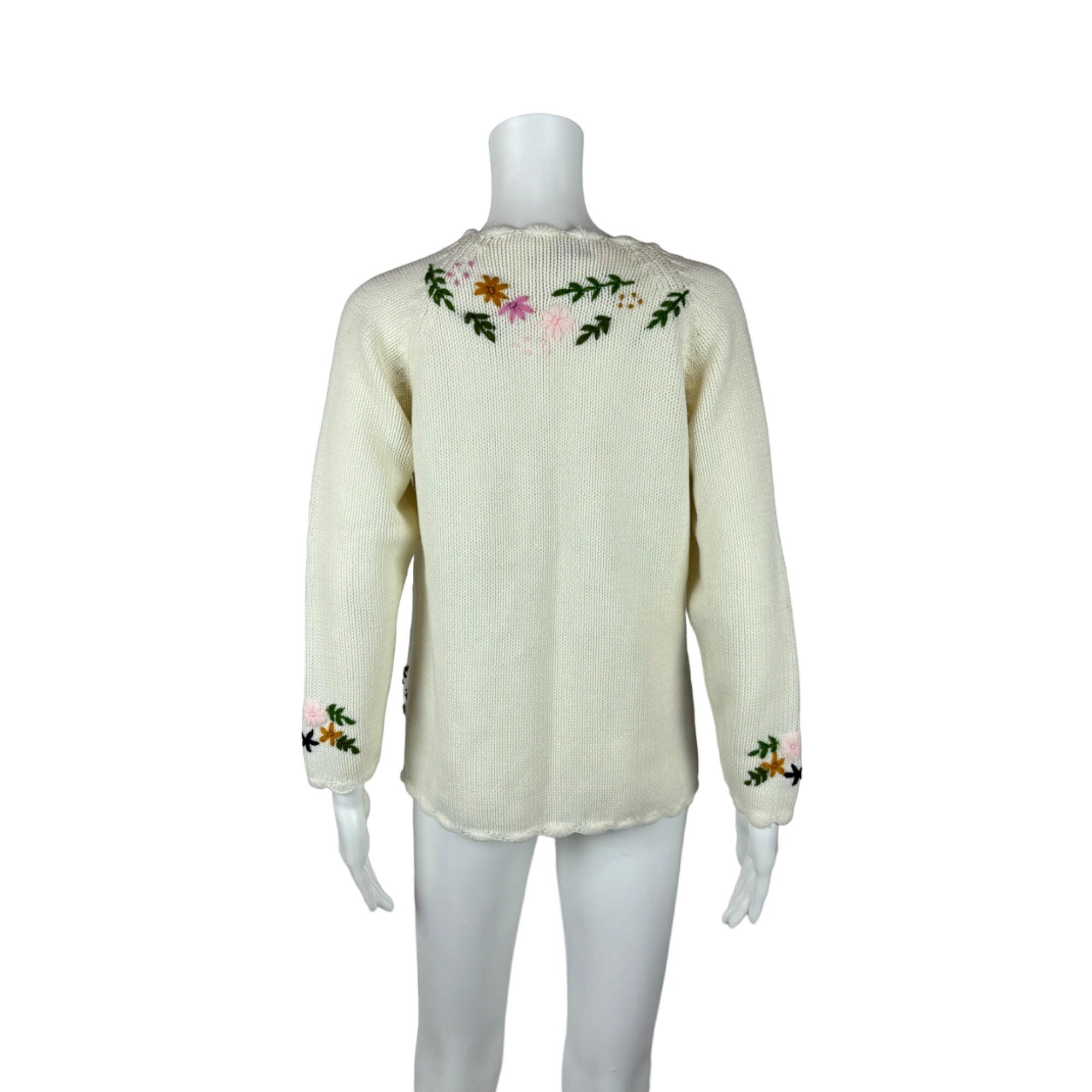 Vintage 60s Floral Cardigan Embroidered Cream Multi Color Acrylic