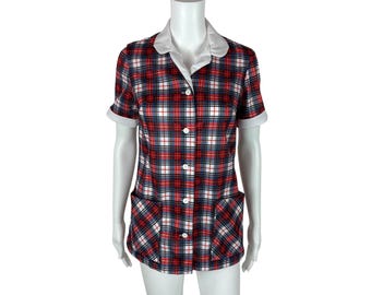 Vintage 70er Jahre Karierte Tunika Damen Kleine Rot Blau Kragen Hüfttaschen Top Mod