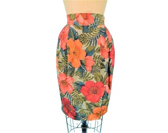 Vintage 1980s Hawaiian Sarong Orange Hibiscus Tropical Silk Skirt | W 27"