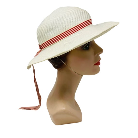 Vintage 1950s White Sun Hat Red Striped Ribbon Ch… - image 5