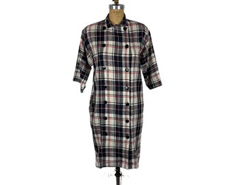 Vintage 80s Plaid Dress Womens Medium Red Black Tartan Shift