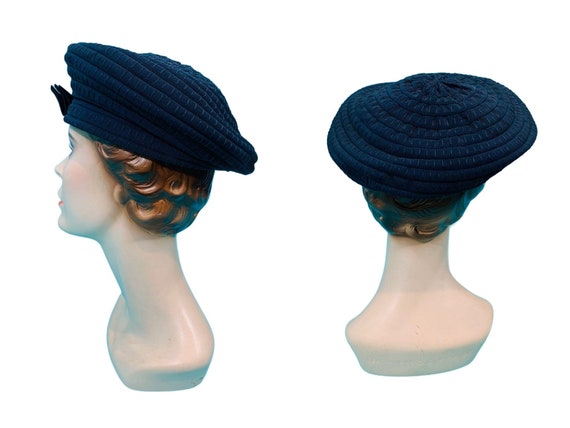 Vintage 1940s Navy Hat Blue Bow Button Round Beret - image 8