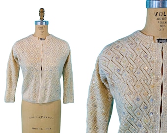 Vintage 1960s Sequin Cardigan Jeri-Jo Cream Knit Sweater | B 40"