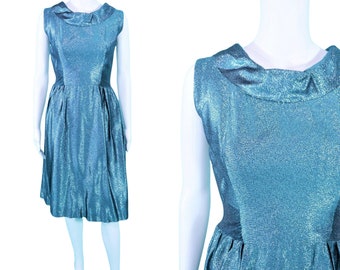 Vintage 1960s Metallic Dress Turquoise Blue Lamé Cocktail | W 25"