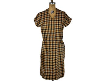 Vintage 80s Wool Dress Womens Medium Brown Checkered V Neck Fall Sheath Academic
