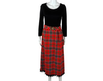Vintage 70s Plaid Maxi Womens Size XS Red Tartan Hippie Belted Dress Fringe Hem