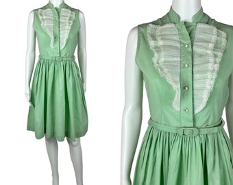 Vintage 1950s Mint Green Dress Women's Extra Small Sleeveless Ruffle Bib Belted Shirtdress