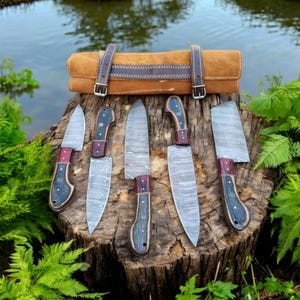 Personalized 5 Pcs Handcrafted Damascus Steel Chef Set With Leather Roll Case - Kitchen Hammered Blade Chef Set - Wedding Gift For Him