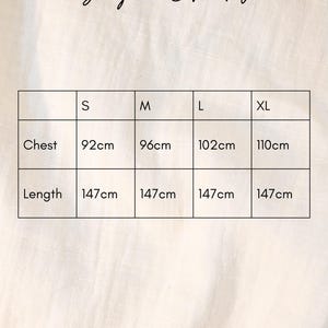 May include: Size chart for a garment with measurements in centimeters for chest and length. Sizes include S, M, L, and XL.