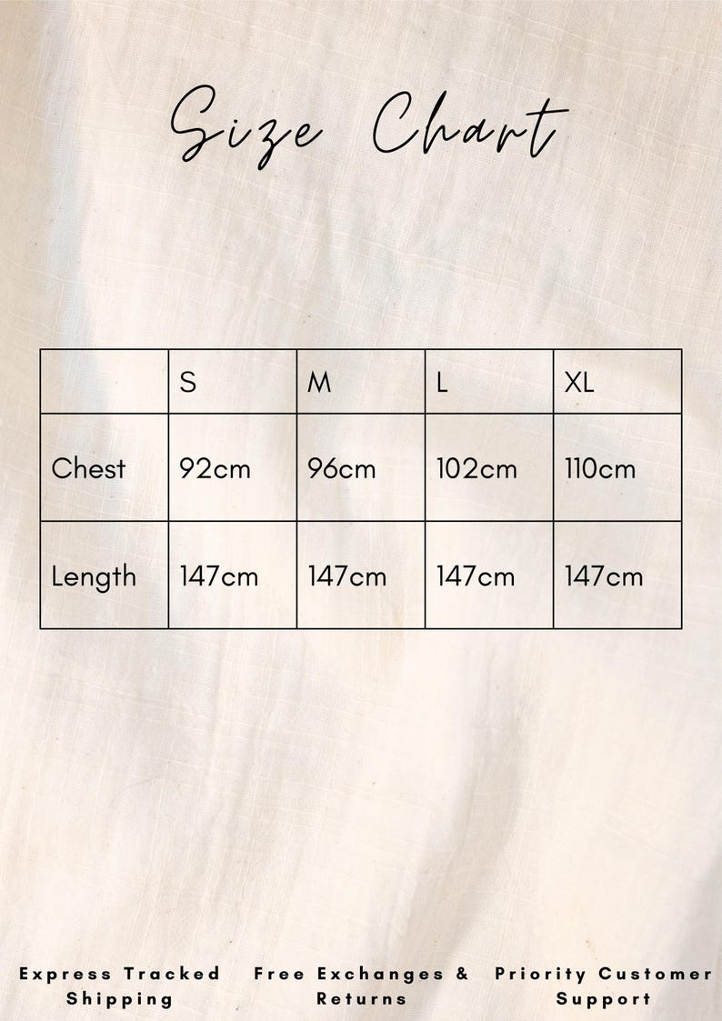 May include: Size chart for a garment with measurements in centimeters for chest and length. Sizes include S, M, L, and XL.
