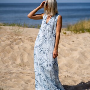 Blue Long Linen Dress For Summer