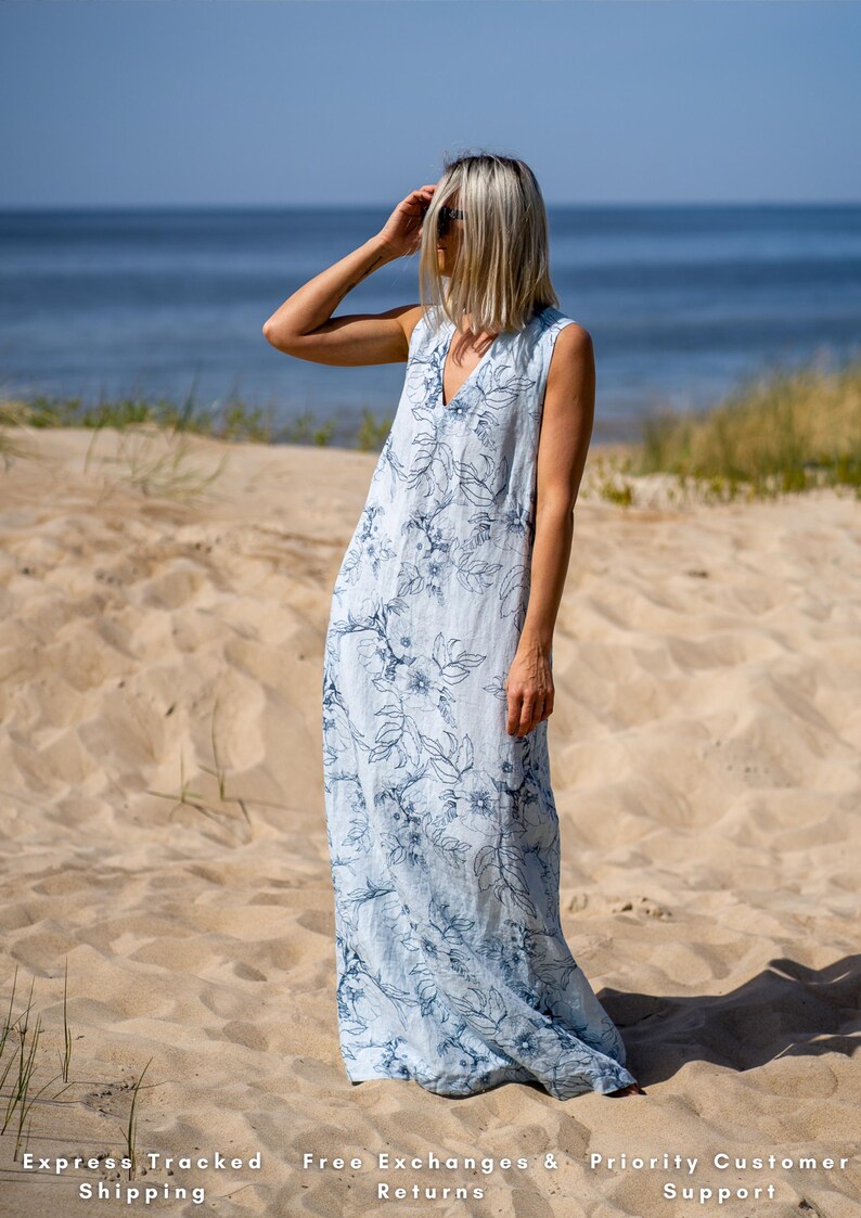Blue Long Linen Dress For Summer