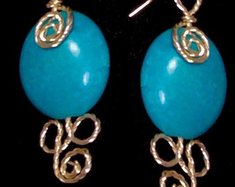 Turquoise and sterling wire wrapped oval bead drops
