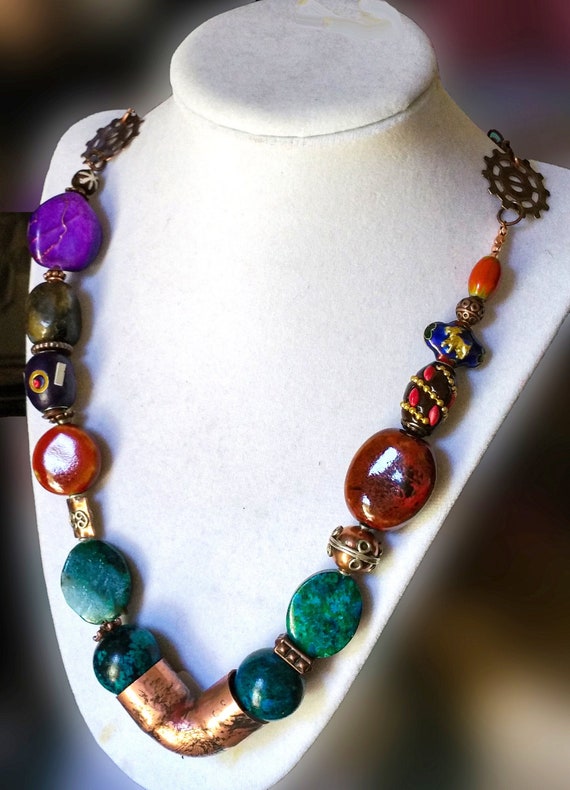 Green and Brown Swirled Lampwork and Wood Bead Necklace Sterling Silver Adjustable - Made in the USA Green and Brown Swirled Lampwork and Wood Bead Necklace Sterling Silver Adjustable - Made in the USA