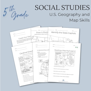 May include: A collection of 5th Grade Social Studies worksheets focused on U.S. Geography and Map Skills. The white paper sheets feature black text and line art illustrations, including map keys, latitude lines, cardinal directions, and state maps.
